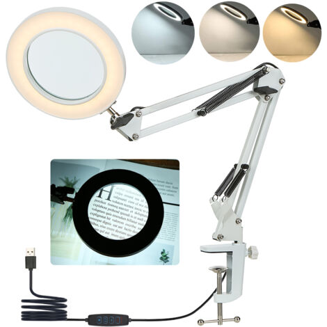 Neoglint Lampe de table flexible à pince avec loupe 8x Bras pivotant LED à intensité variable Lampe de bureau 3 modes de couleur et 10 niveaux de luminosité Lecture Travail Étude.