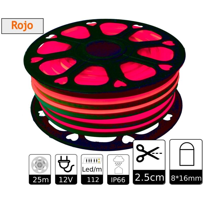 

Tira LED NEON flexible 25m, Color luz roja 12VDC 8 * 16mm, corte 2,5cm, 120 led/m SMD2835, decoración, formas, cartel led - Jandei