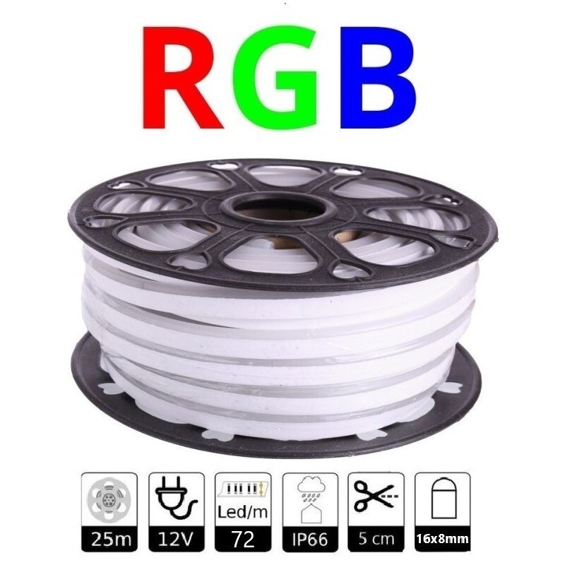 

Tira LED NEON flexible 25m, Color luz RGB 12VDC 8 * 16mm, corte 2,5cm, 120 led/m SMD2835, decoración, formas, cartel led - Jandei