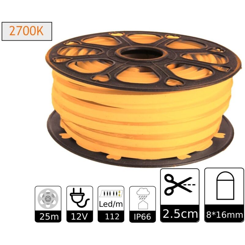 

Tira LED NEON flexible 25m, Color luz Blanco Cálido 2700K 12VDC 8 * 16mm, corte 2,5cm, 120 led/m SMD2835, decoración, formas, cartel led - Jandei