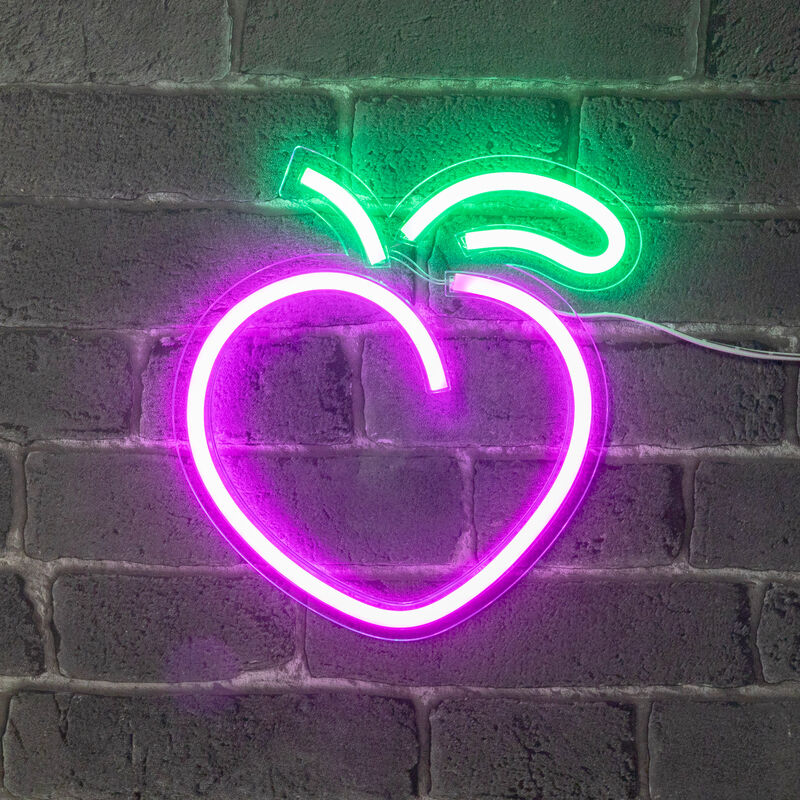 Neon led Pêche 23CM - Neon Mural Rose et Vert sur Secteur - Lampe Neon Enseigne avec Interrupteur on/off pour Decoration Cuisine Decoration Salon