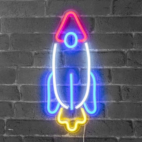 Neon led Rocket 41,5CM - Neon Mural Fusée sur Secteur - Lampe Neon Enseigne avec Interrupteur ON/OFF pour Deco Chambre Decoration Astronomie Decoration Espace Decoration Galaxie Decoration Spatiale