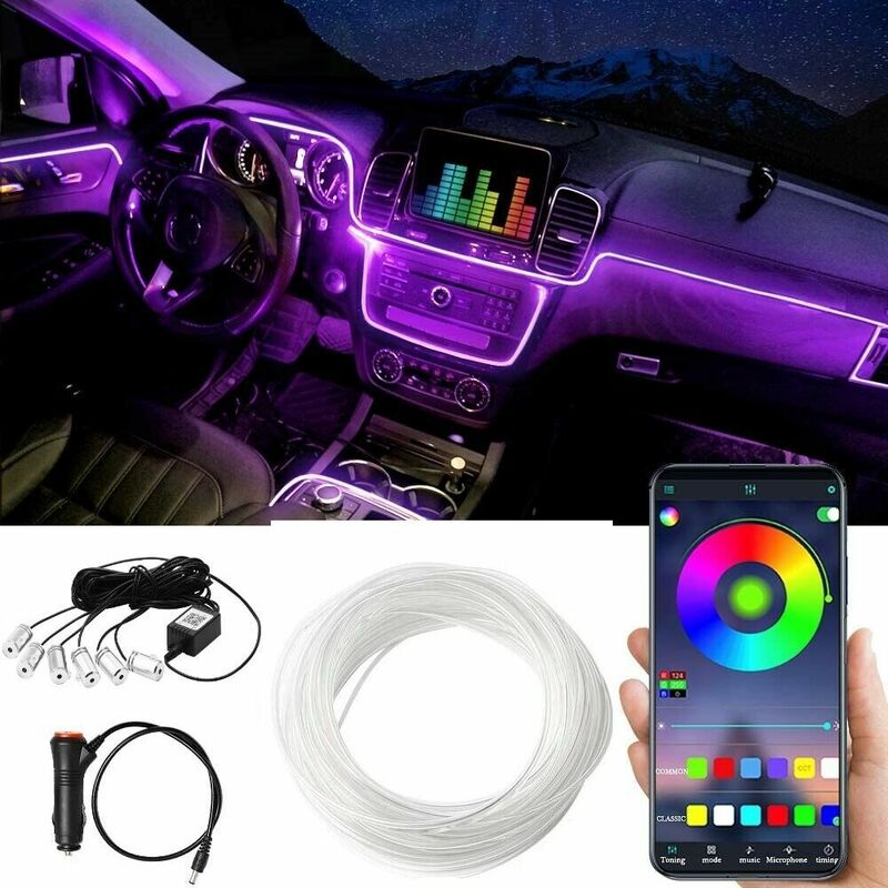 Image of Topolenashop - Neon RGb 6 in 1 interni auto fibra ottica striscia luce bluetooth - 5M 11905