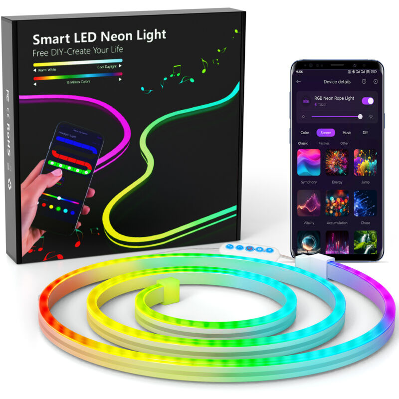 Neon Ruban led 1m, rgb Bande led avec Contrôle app Contrôle, Flexible Étanche Découpable Synchronisation Musicale Bandeau Lumineuse Led pour