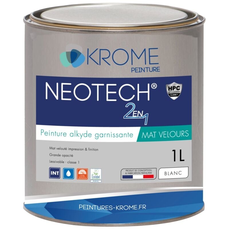 Krome Neotech Mat Velours Peinture Impression et Finition Murs et Plafonds - Intérieur Conditionnement: 1L - Couleur: Blanc