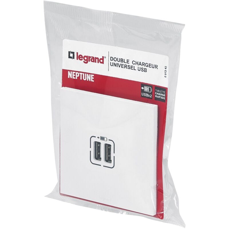 Legrand - Prise double USB Type-A 3A 15W Neptune - complet blanc