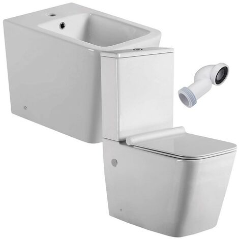 Neptuno Pack Inodoro completo Cuadrado  Blanco Brillo  Fondo Reducido Rimless y Tapa con caída Amortiguada + Bidet a Suelo