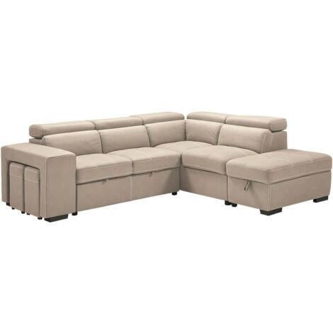 NERA - Canapé d'Angle Droit Convertible avec 2 Poufs et 1 Coffre Beige