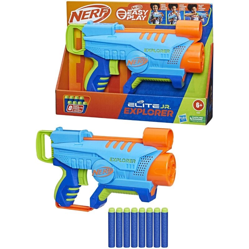 Elite jr, blaster explorer easy-play, facile à tenir, charger et tirer, 8 fléchettes elite, pour filles et garçons, dè - Nerf