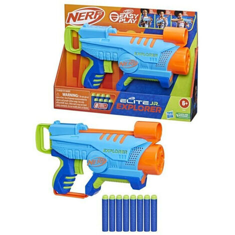 Nerf Elite Junior, blaster Explorer Easy-Play, facile a tenir, charger et tirer, 8 fléchettes Nerf Elite