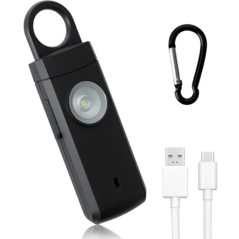 (Nero) Allarme anti-aggressione da 130 dB, allarme di sicurezza di emergenza ricaricabile, allarme portachiavi con luci LED, C