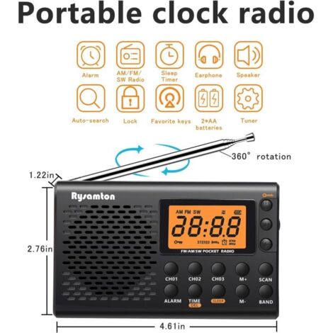 (Nero) Radio portatile AM/FM/onde corte, radio tascabile a batteria, ampio display digitale, radiosveglia con sveglia e funzione sleep, cuffie incluse