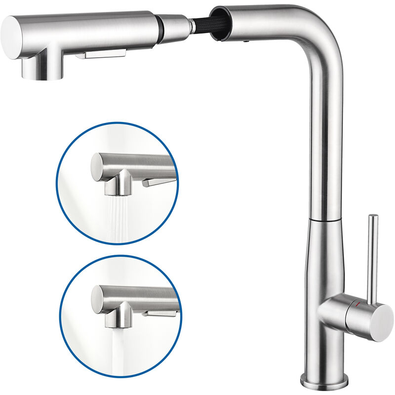 Auralum - Estraibile Rubinetto da Cucina in acciaio inox (7-Form), Girevole a 360° Monocomando Cocina per lavello dell'acqua calda e fredda,