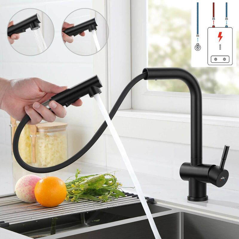 Nero Rubinetto Cucina Estraibile a bassa pressione, Rubinetto da Cucina con Doccetta Estraibile fino a 40cm con Adattatori rimovibili, Girevole a