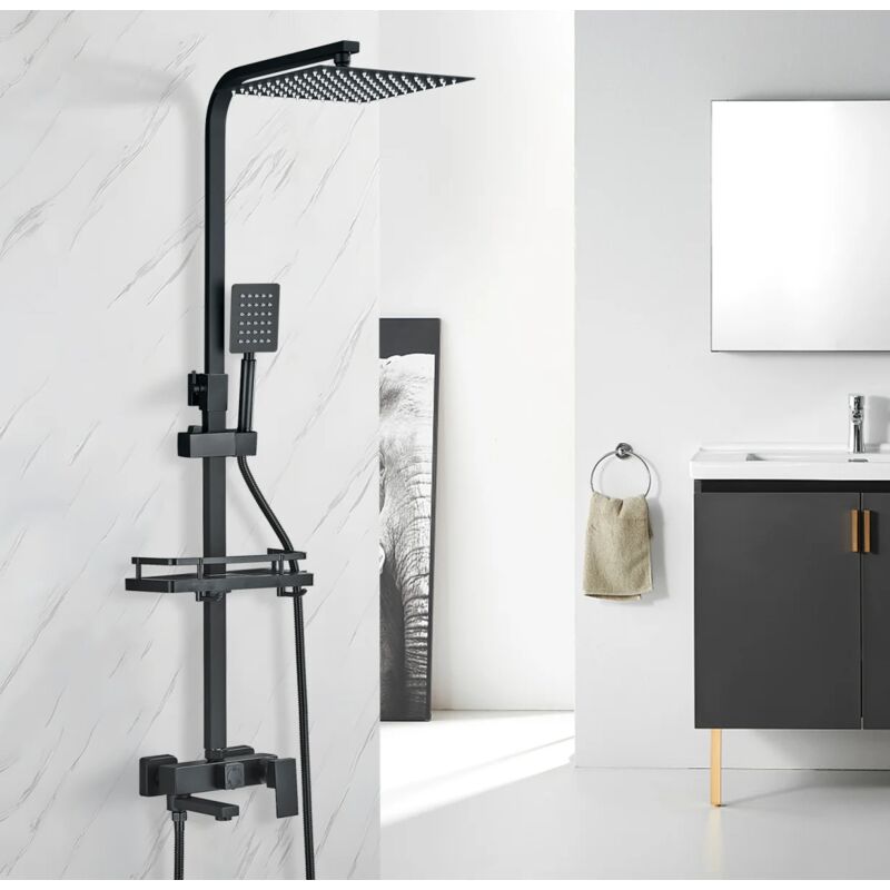 Onyzpily - Colonne de douche noire Hevenaov Colonne de douche réglable en hauteur 72-108cm, Colonne de douche avec pommeau de douche carré 25x25cm 4