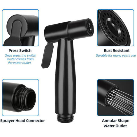 (Nero) Spruzzatore per WC in acciaio inox per bidet e WC, Kit spruzzatore per bidet, Spruzzatore per rubinetto, Spruzzatore per WC