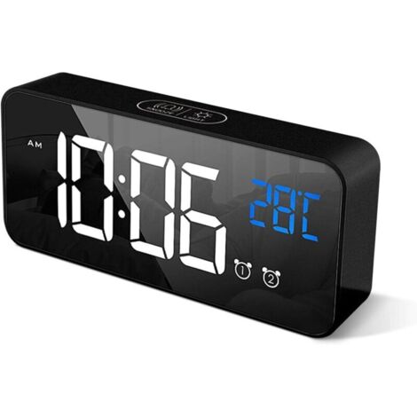 (Nero) Sveglia digitale con ampio display LED della temperatura, sveglia portatile a specchio con doppia sveglia, timer di spegnimento