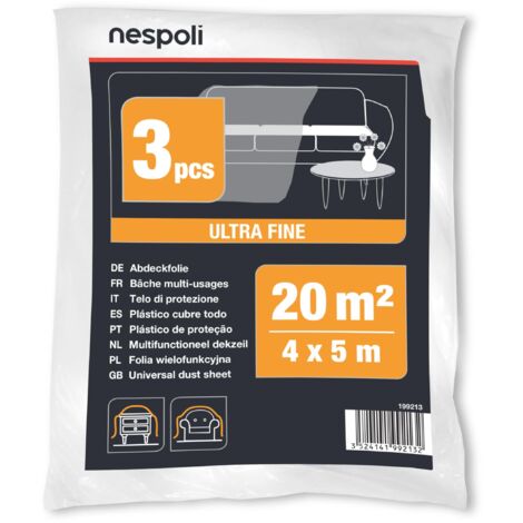 Nespoli – Set 3 Teli Copritutto 4x5m per la Protezione di Mobili e Arredi Interni, Teli per Imbiancare Ampi e Resistenti da 20 m² - Telo Copritutto in Plastica Ultra Fine, Flessibile e Antistrappo