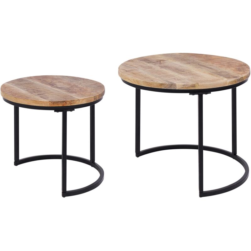 Beliani 2 Piece Nest Of Tables Light Mango Wood Round Tabletop Natural Claton