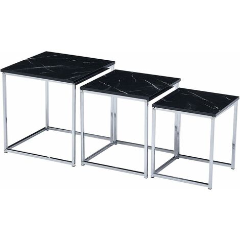 Nested Tables Set of 3, 3pcs Square Side Table End Table for Living Room, High Gloss Nesting Coffee Table (Black Marble Texture)