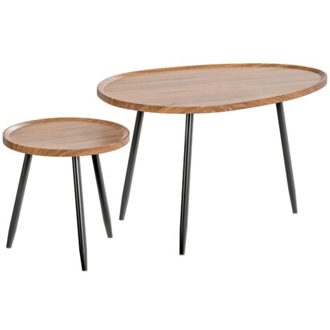Nesting Coffee Table Set of 2, 80cm Modern Stacking End Side Table with Metal Legs for Living Room Bedroom Office, Chestnut Wood Effect