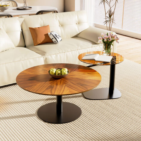 Nesting Coffee Table Set of 2 Tempered Glass Side Table, Brown