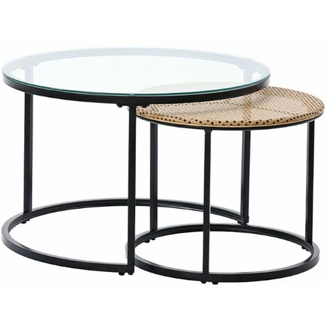 Nesting Coffee Table Set Round Coffee Table With Glass And Rattan Top