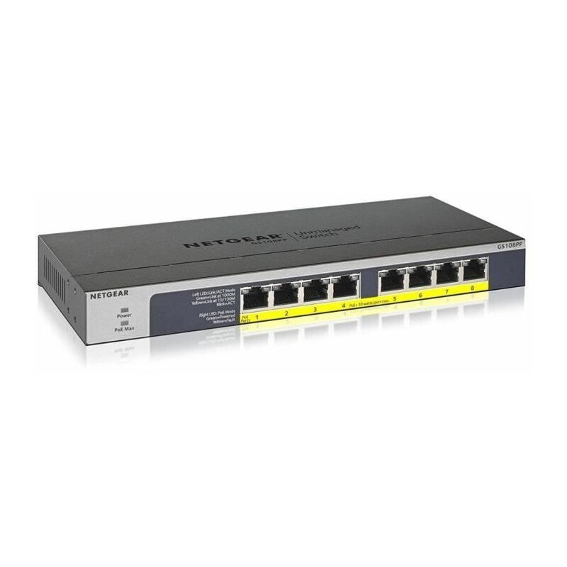 

GS108PP No administrado Gigabit Ethernet (10/100/1000) Energía sobre Ethernet (PoE) Negro - Netgear