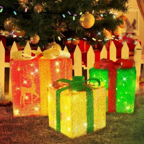 Nettlife 3PCS Coffret Cadeau Illuminé avec Lampe LED,Boîtes Cadeaux de Noël LED Décoration de Noël Wapiti