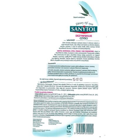 Nettoyant désinfectant liquide concentré 1L – Élimine bactéries, virus et champignons – Sans chlore, parfum eucalyptus – Pour surfaces de cuisine – Ideal