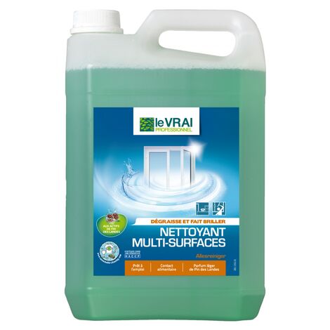Nettoyant multi surfaces 5L – Formule à double solvant – Séchage rapide – Contact alimentaire après rinçage – Pour surfaces stratifiées et peintes – Action Pin