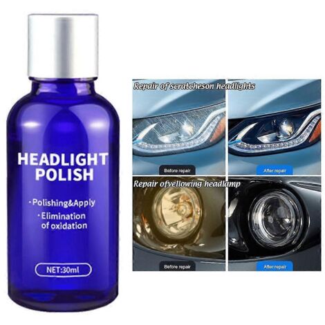 Nettoyant polish phares voiture 30ml - Liquide restauration optiques auto, réparation durable, élimine rayures et jaunissement, rénovation antibuée.