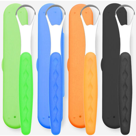 Nettoyant pour grattoir à langue, ensemble de brosses à langue en métal de qualité médicale pour les dents à haleine fraîche, élimine la mauvaise haleine en quelques secondes (4 pièces)