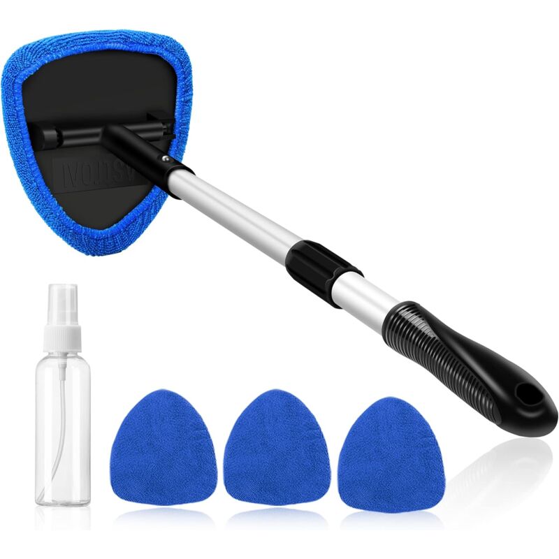 Nettoyant pour Pare-Brise, 4 Tampons en Microfibre, Nettoyage de Pare-Brise avec Poignée Télescopique Kit d'Essuie-Glace Intérieur Automatique, Bleu
