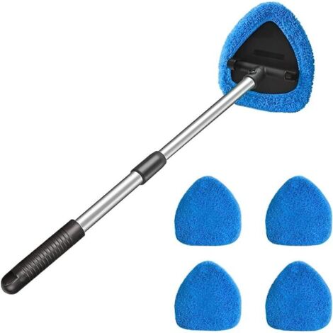 Nettoyant pour Pare-Brise de Voiture, Nettoyant de Vitres de Voiture avec 4 Tampons en Microfibre Lavables Et RéUtilisables, Kit de Nettoyage d'Essuie-Glace à Long Manche Extensible (Bleu)