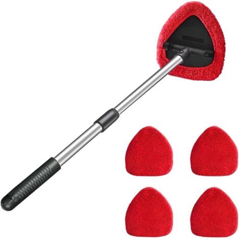 Nettoyant pour Pare-Brise de Voiture, Nettoyant de Vitres de Voiture avec 4 Tampons en Microfibre Lavables Et RéUtilisables, Kit de Nettoyage d'Essuie-Glace à Long Manche Extensible (Rouge)