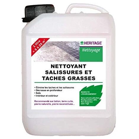 Nettoyant salissures et taches grasses pour sols intérieur/extérieur – Écologique – 2L – Pour balcons, terrasses, dalles en pierre, béton – Heritage