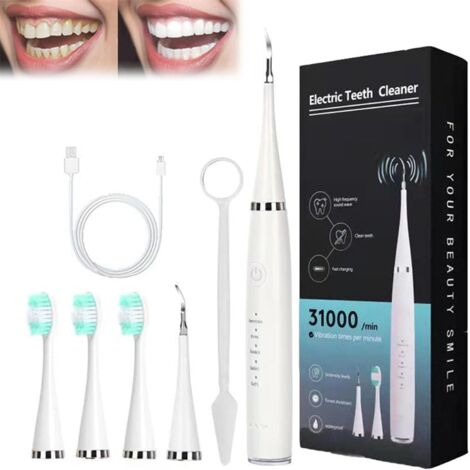 Nettoyeur de dents - Nettoyage des dents - 31 000 vibrations par minute - Anti-tartre - Niveau 6 - Étanche - Blanc