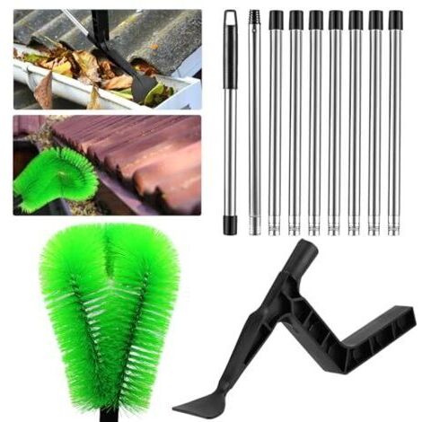 Nettoyeur de Gouttières 390 cm, Kit de Nettoyage avec Brosse Rigide en Nylon et Grattoir, Manche Télescopique en Aluminium pour Feuilles et Saletés
