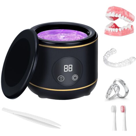 Nettoyeur de retenue à ultrasons UV, 230ML Machine de nettoyage de retenue pour prothèses dentaires, protège dents aligneur tête de brosse bijoux, bracelet montre avec trois modes (Black)