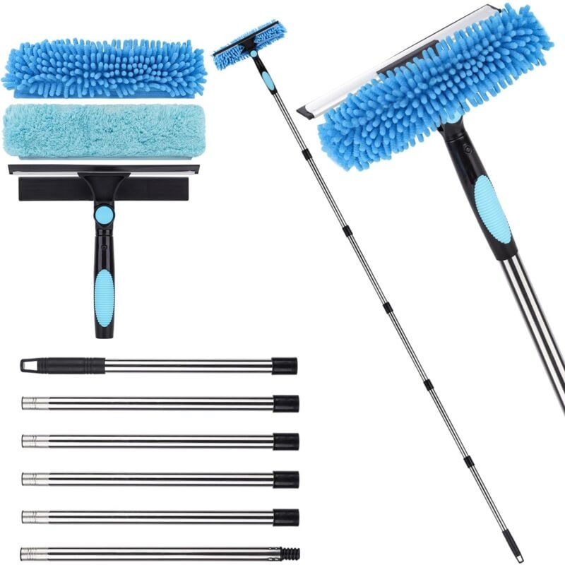 Nettoyeur de vitres extensible de 2,1 m, équipement de nettoyage de vitres 2 en 1, outil de nettoyage télescopique long pour vitres de voiture hautes