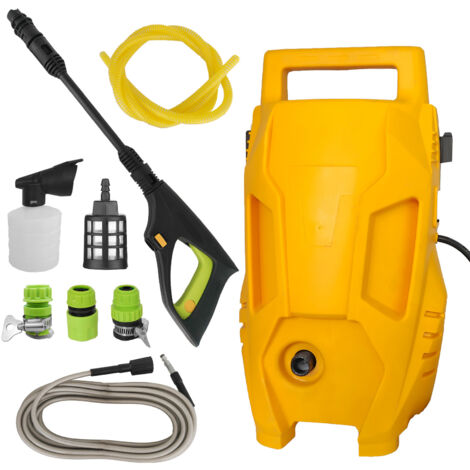 Nettoyeur haute pression (1500 W, kit pour la maison et la voiture inclus, débit max. : 350 l/h, en boîte carton), filtre à eau, flexible haute pression, brosse de nettoyage, lance de pulvérisation