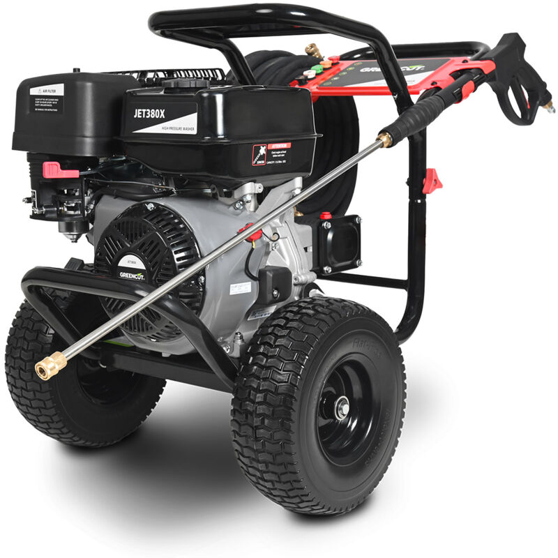 Nettoyeur à pression moteur essence 4 temps 420cc 8cv, tuyau 10m, rallonge 20m, 5 buses de pression différentes Greencut JET380X