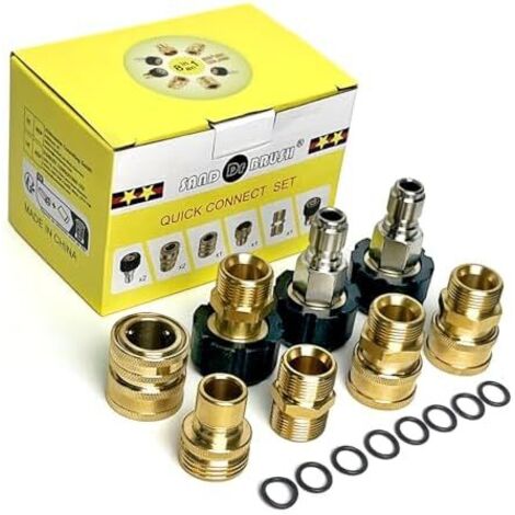 Nettoyeur Haute Pression Accessoires, 8pcs Connecteur Rapide Tuyau à Kit,Connecte Canon Lance et Métrique，Raccord M22-14mm，M22 3/8" Connexion 3/4" Déconnexion -