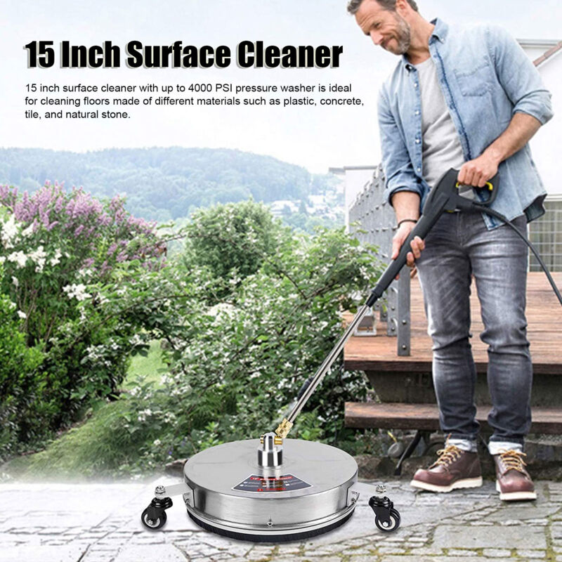 Treetalk - Nettoyeur haute pression de 15 pouces, nettoyeur de surface à 4 roues en acier inoxydable avec rallonge, disque de récurage de 4000 psi
