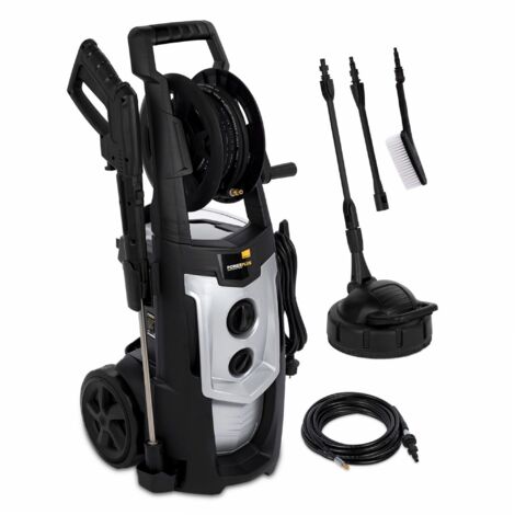Nettoyeur haute pression électrique 195 bars 2500W – Débit 468 l/h – Tuyau 8m caoutchouc sur enrouleur – Pistolet métal avec embouts ajustables – Powerplus