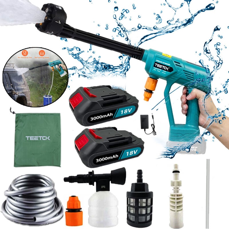 Teetok - Nettoyeur haute pression électrique, buse 6 en 1, nettoyeur haute pression sans fil pour voiture, pistolet à eau pour jardin, avec 2
