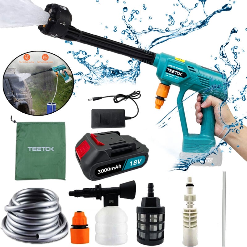 Teetok - Nettoyeur haute pression électrique, buse 6 en 1, nettoyeur haute pression sans fil pour voiture, pistolet à eau pour jardin, avec batterie
