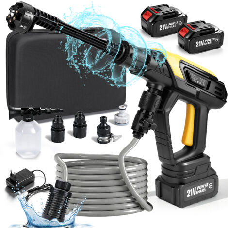 Nettoyeur Haute Pression électrique sans fil Max 45 Bar, 360 L/h 300 W avec 2 Batteries 4000mAh, Pulvérisateur de Mousse 6-en-1 Buse, Tuyau de 5 m pour Le Nettoyage et Arrosage, Voiture, Jardins