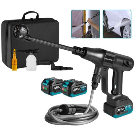 ONEVAN nettoyeur haute pression portable 100 bar,3 vitesses,buse 6-en-1,pistolet à eau haute pression sans fil avec deux batteries et accessoires,pour Jardin/Voiture